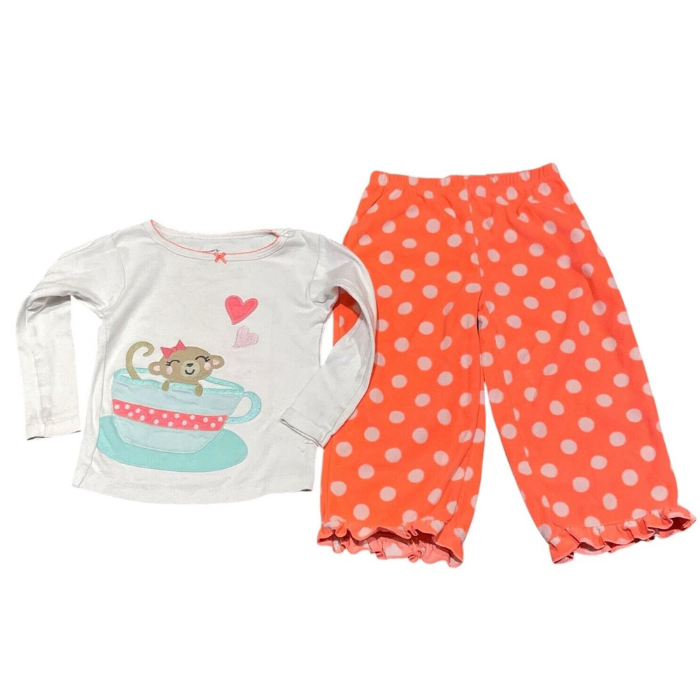 Carter's Baby Girl 2 Piece Pajamas Teacup Monkey & Fleece Polka Dot Pants Sz 2T